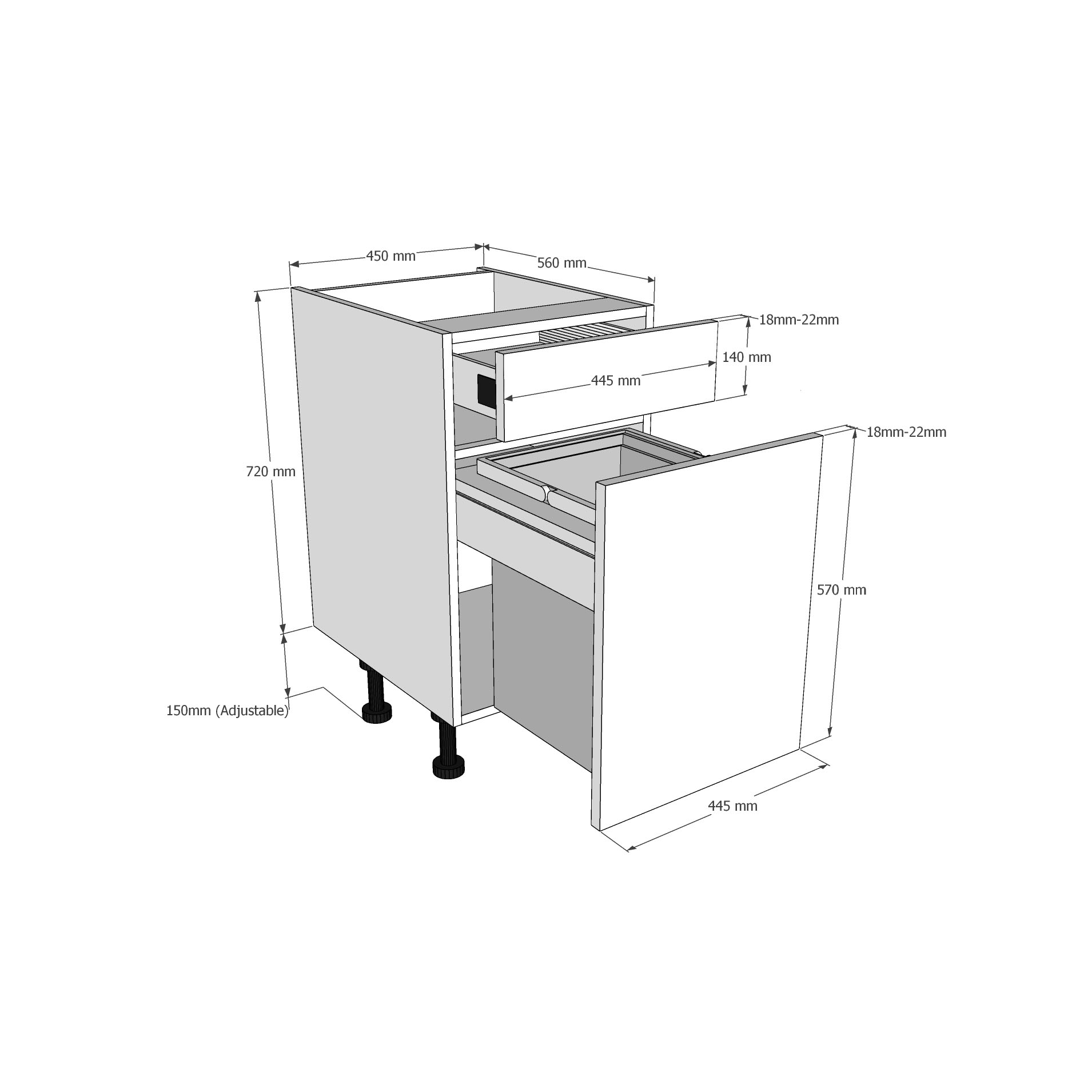450mm BIN STORE Base Unit - Drawerline (1 x 39L) Dimension