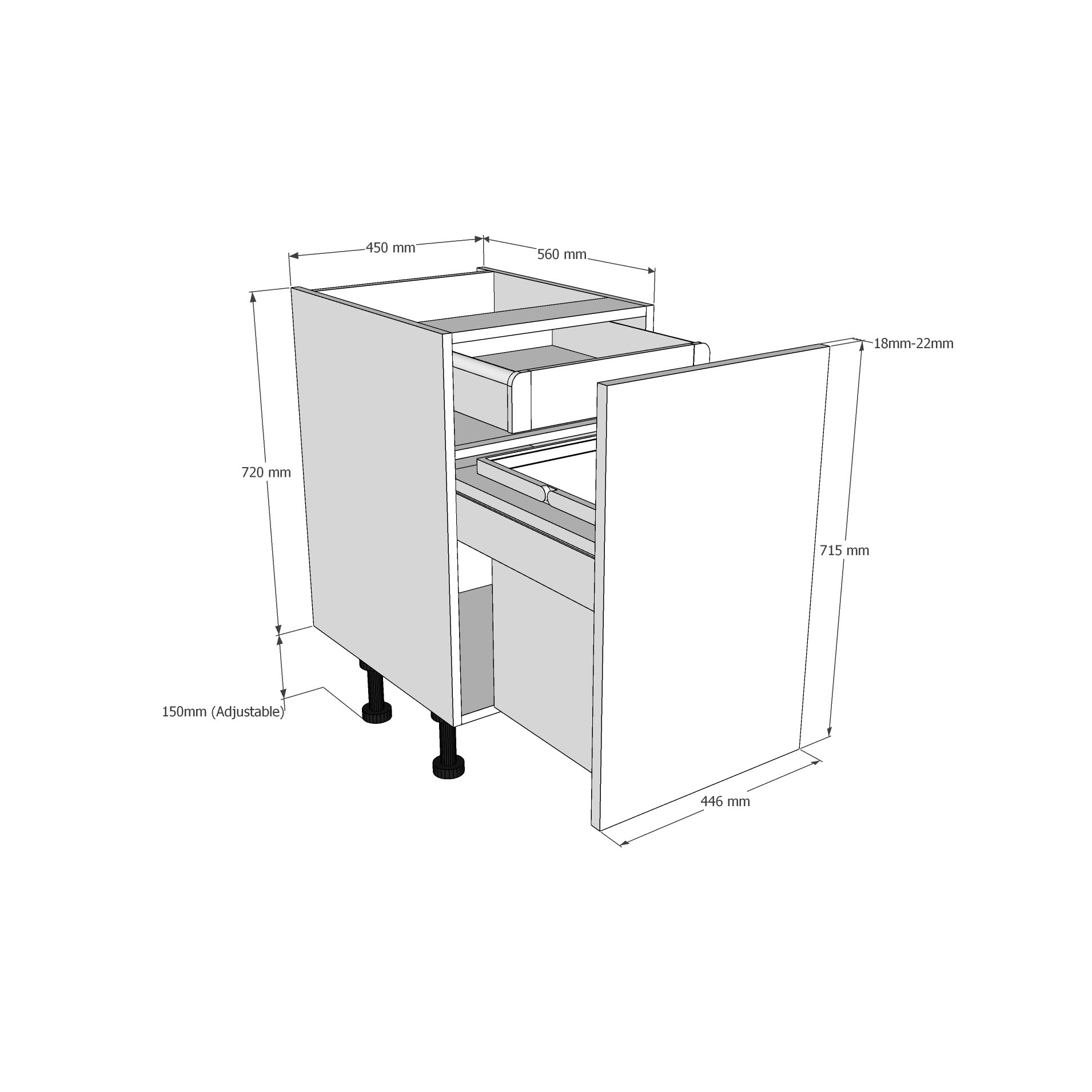 450mm BIN STORE Base Unit (Highline) with Internal Drawer (1 x 39L) Dimension