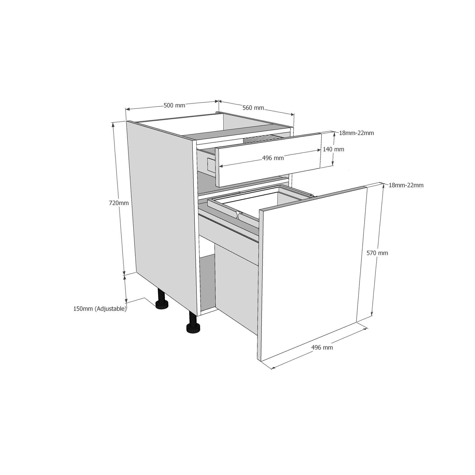 500mm BIN STORE Base Unit - Drawerline (1 x 39L) Dimension