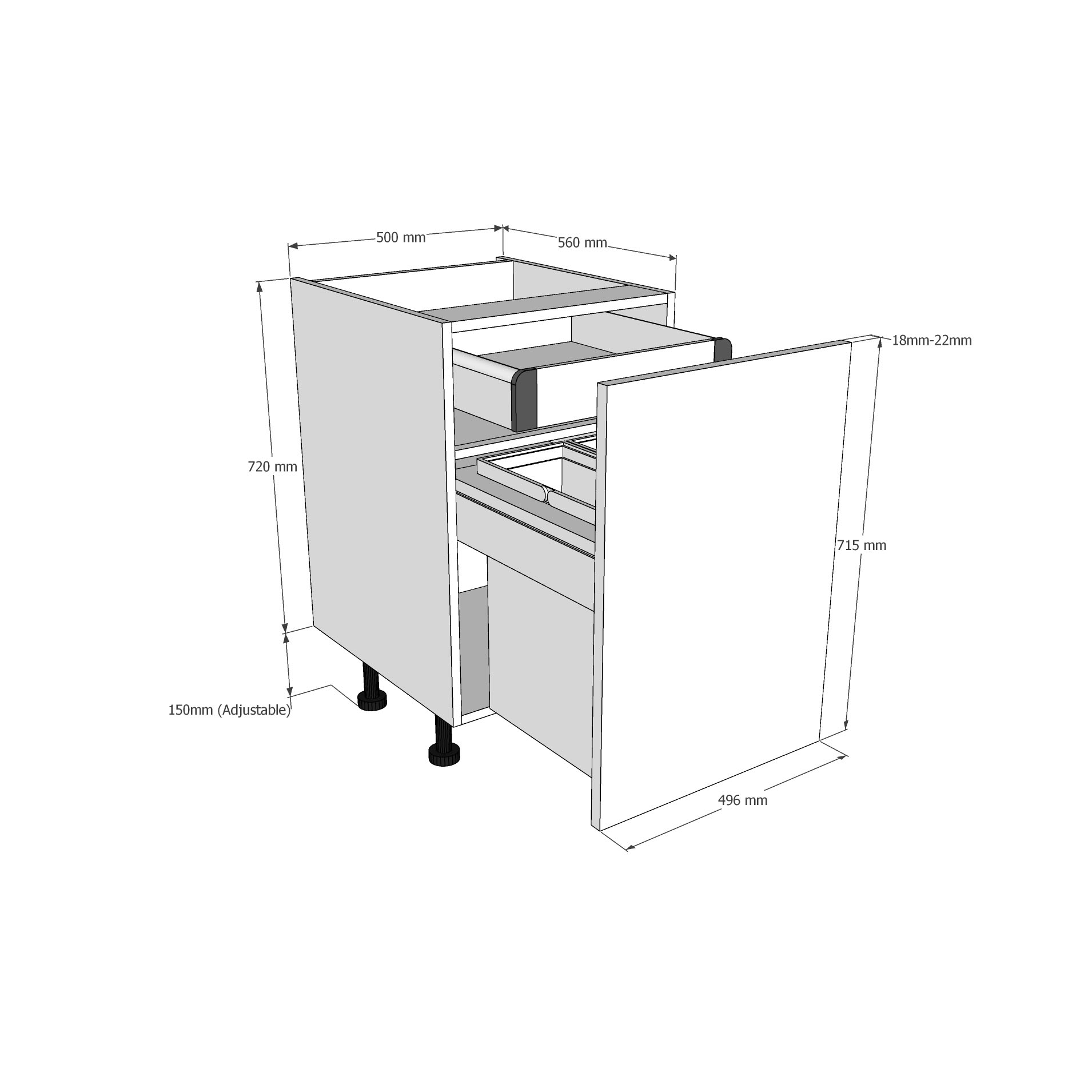500mm BIN STORE Base Unit Highline with Internal Drawer (2 x 21L) Dimension