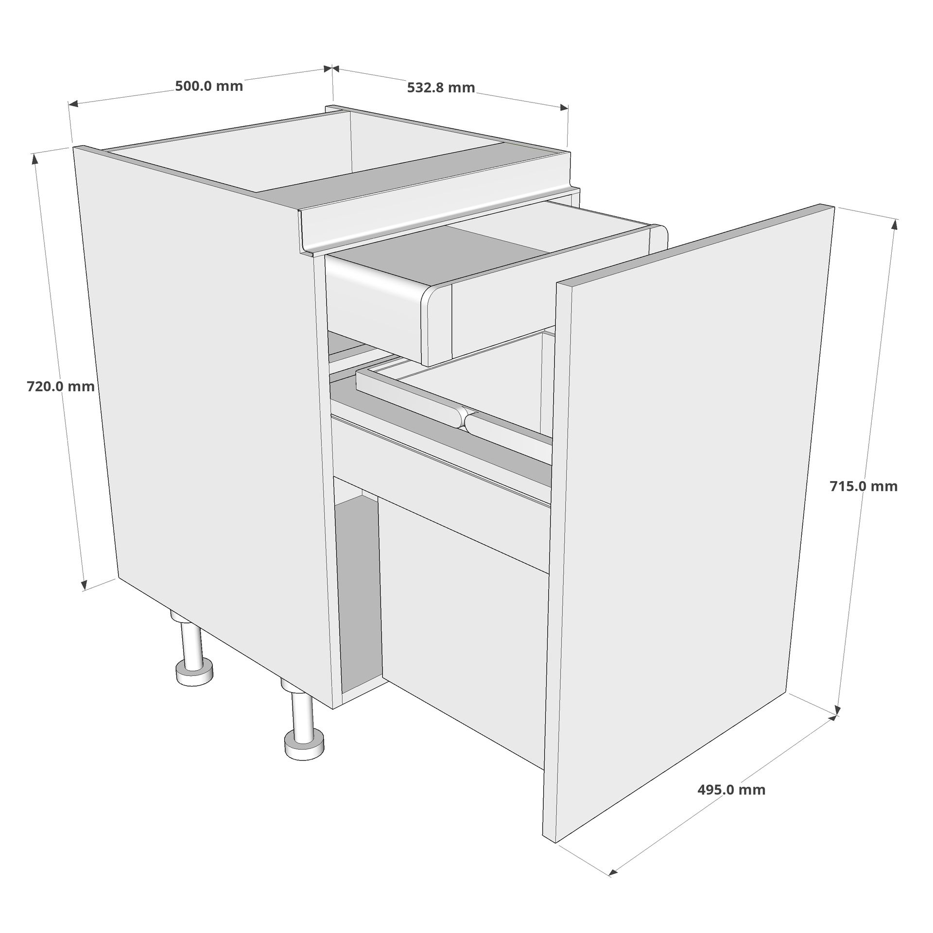 500mm True Handleless BIN STORE Base Unit Highline with Internal Drawer (1 x 39L) Dimension