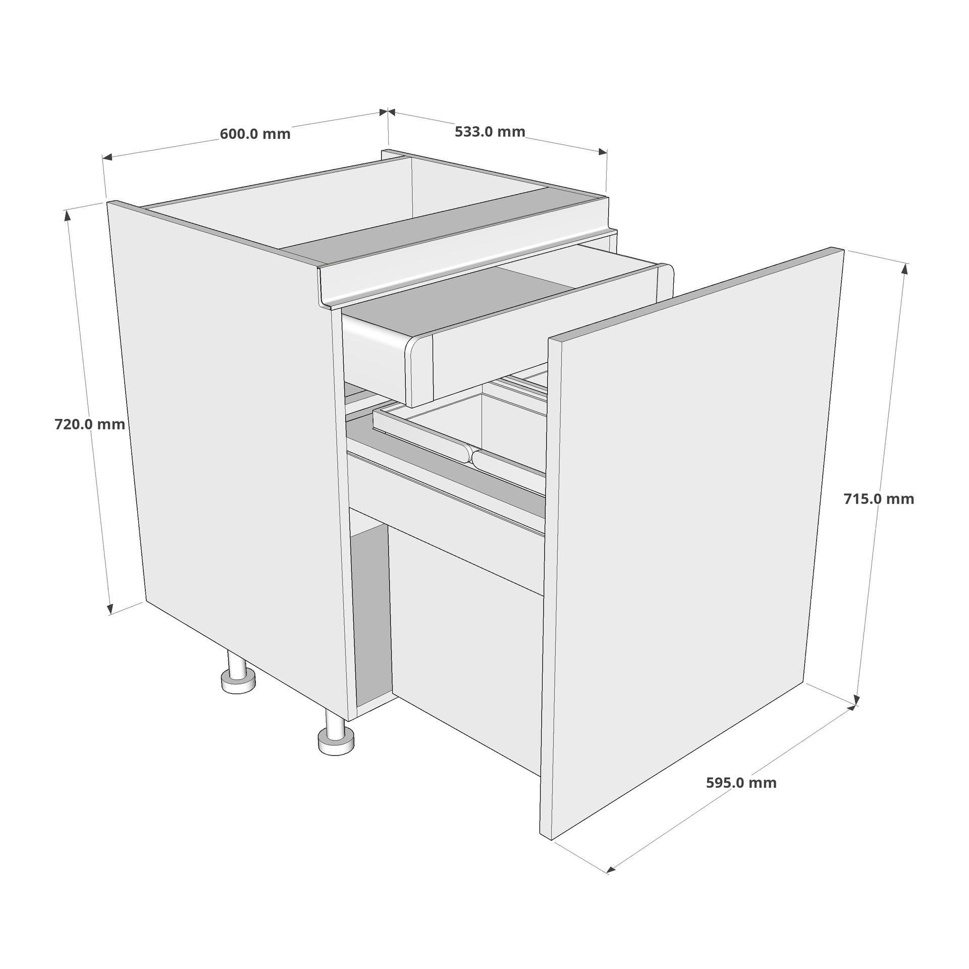 600mm True Handleless BIN STORE Base Unit Highline with Internal Drawer (2 x 28L) Dimension