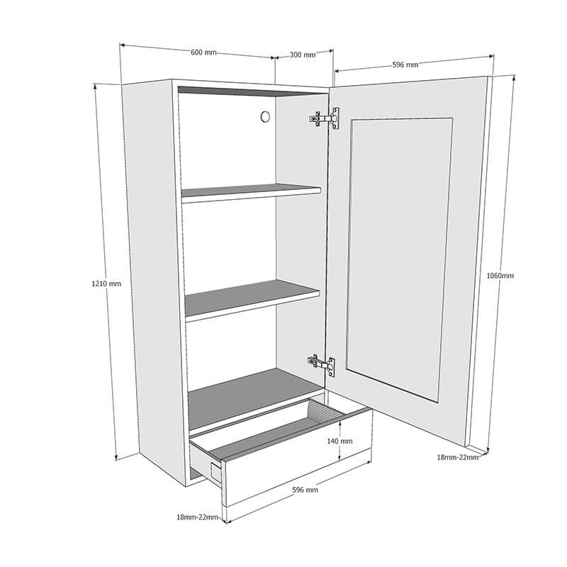 600mm Worktop Dresser with 1 x Drawers Unit to suit 25-40mm Worktops (Medium) Dimensions