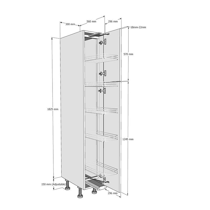 300mm Tall Swing Out Larder Unit (Low) Dimensions