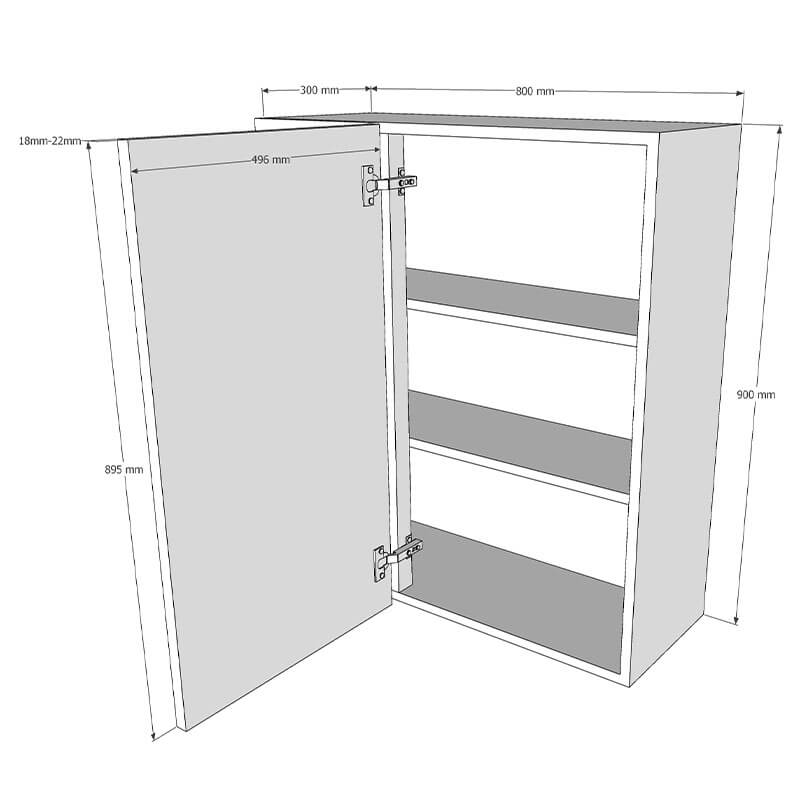 800mm Standard Corner Wall Unit With Adjustable Corner Post - 500mm Door (Left Blank) (High) Dimensions