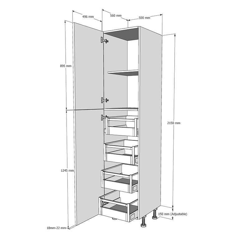 500mm True Handleless Larder Unit with 4 x Internal Drawers - LH Hinge (High) Dimension