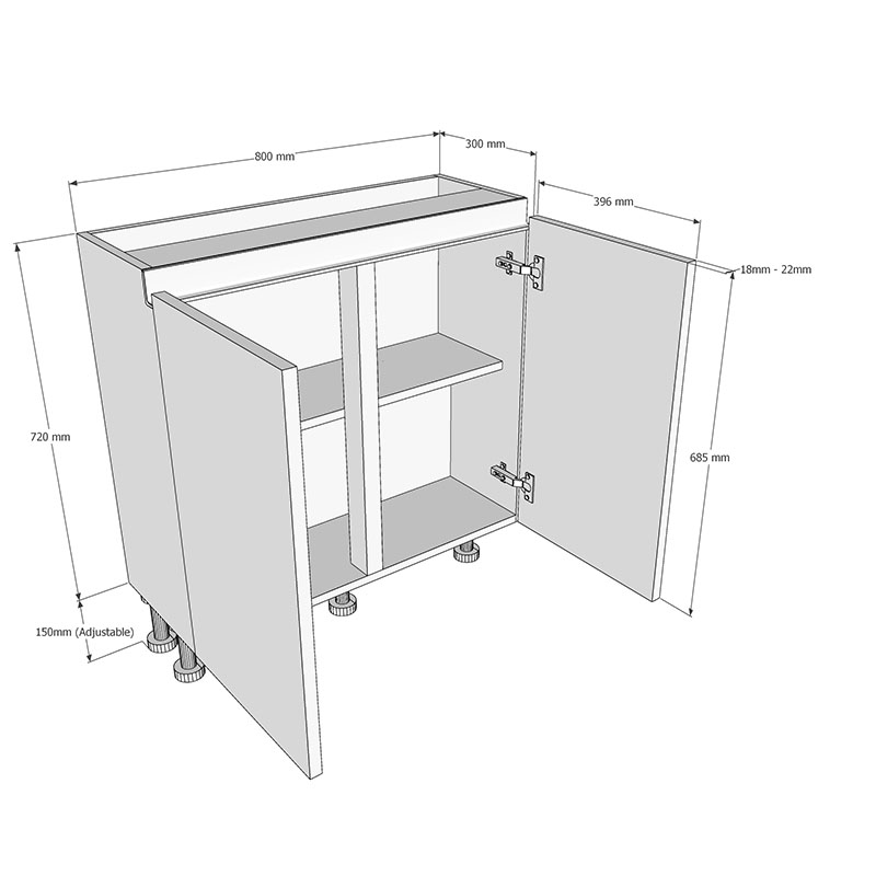 800mm True Handleless Highline Base Unit (300mm Deep) Dimension