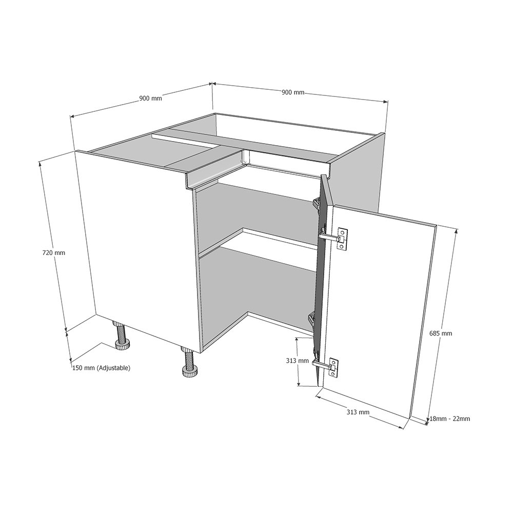 900 x 900mm True Handleless L-Shape Base Unit Dimension