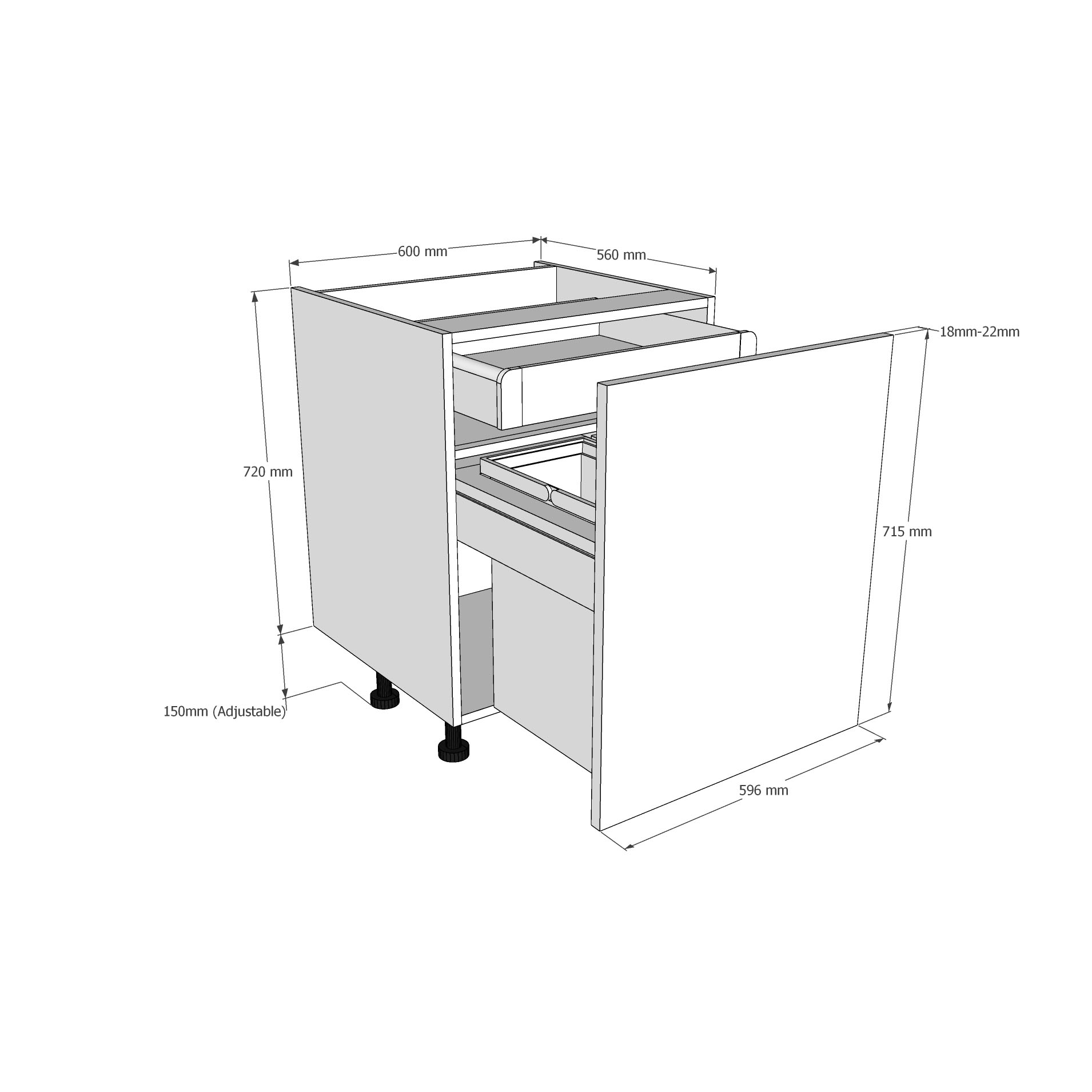 600mm BIN STORE Base Unit Highline with Internal Drawer (2 x 12.5L & 1 x 28L) Dimensions