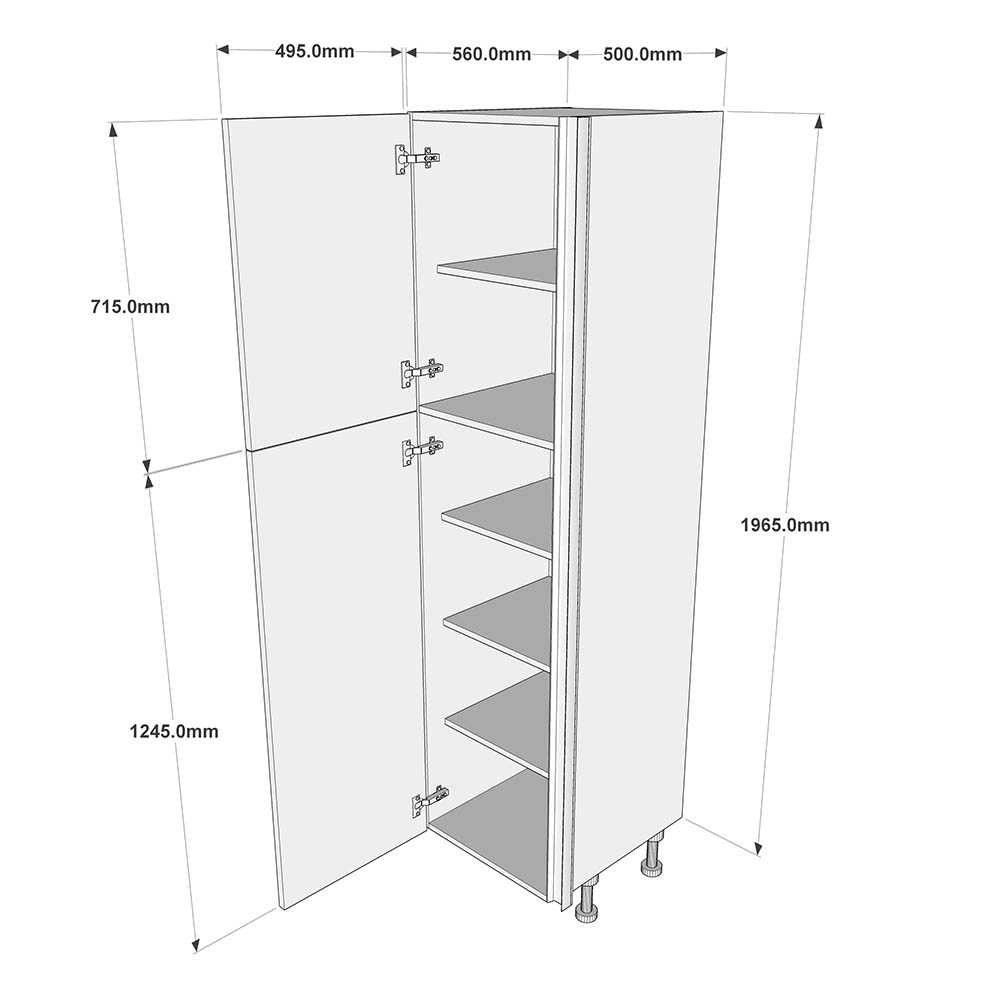 500mm True Handleless Larder Unit - 720mm Top Door - LH Hinge (Medium) Dimensions