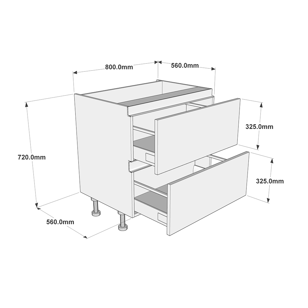 800mm True Handleless 2 Drawer Base Unit Dimensions