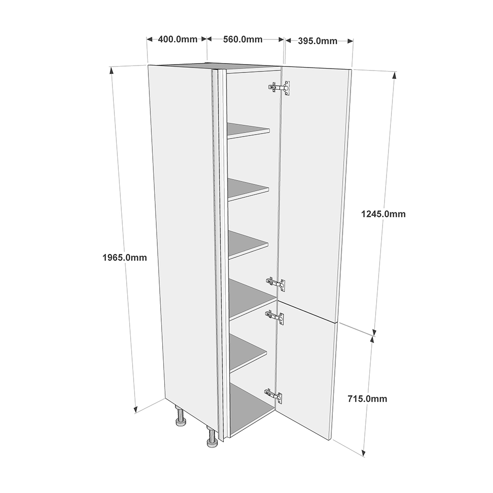400mm True Handleless Larder Unit - 720mm Bottom Door - RH Hinge (Medium) Dimensions