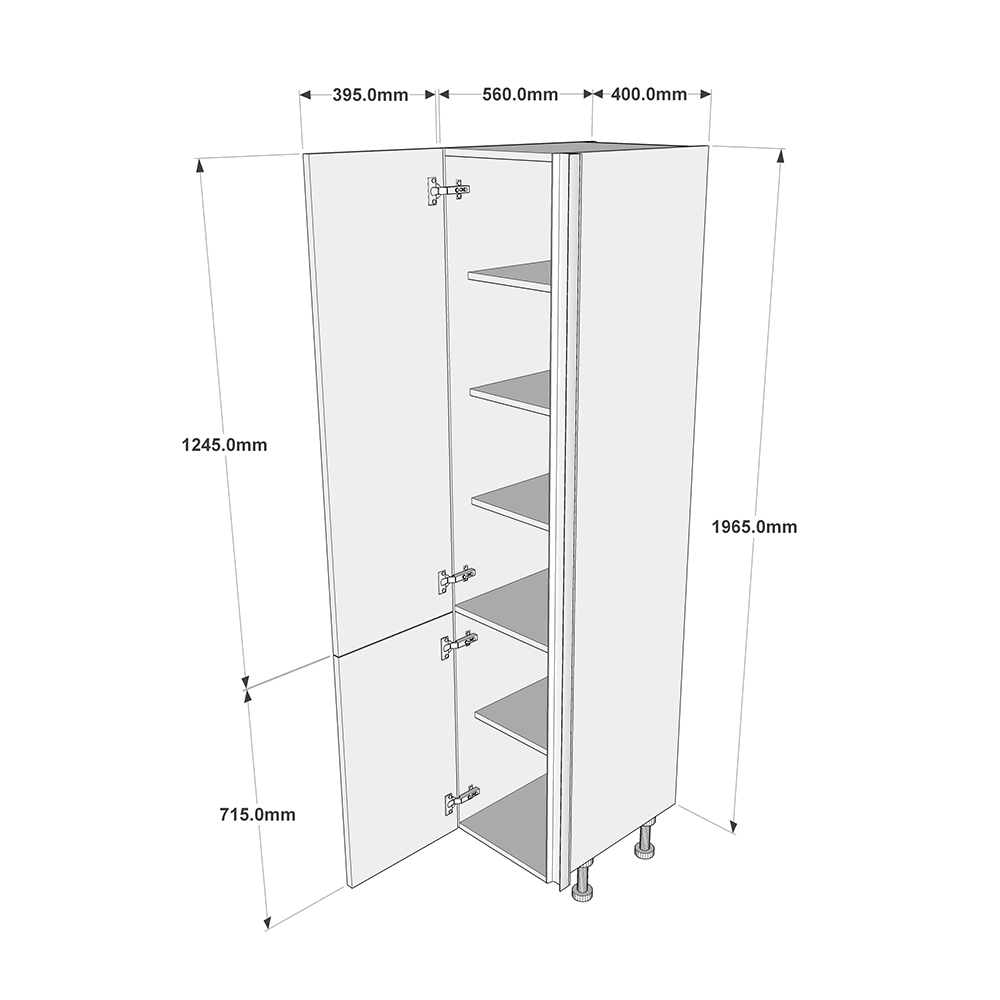 400mm True Handleless Larder Unit - 720mm Bottom Door - LH Hinge (Medium) Dimensions