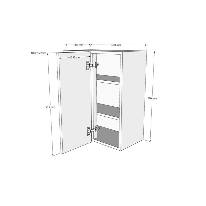 600mm Standard Corner Wall Unit With Adjustable Corner Post - 300mm Door (Left Blank) (Medium) Dimensions