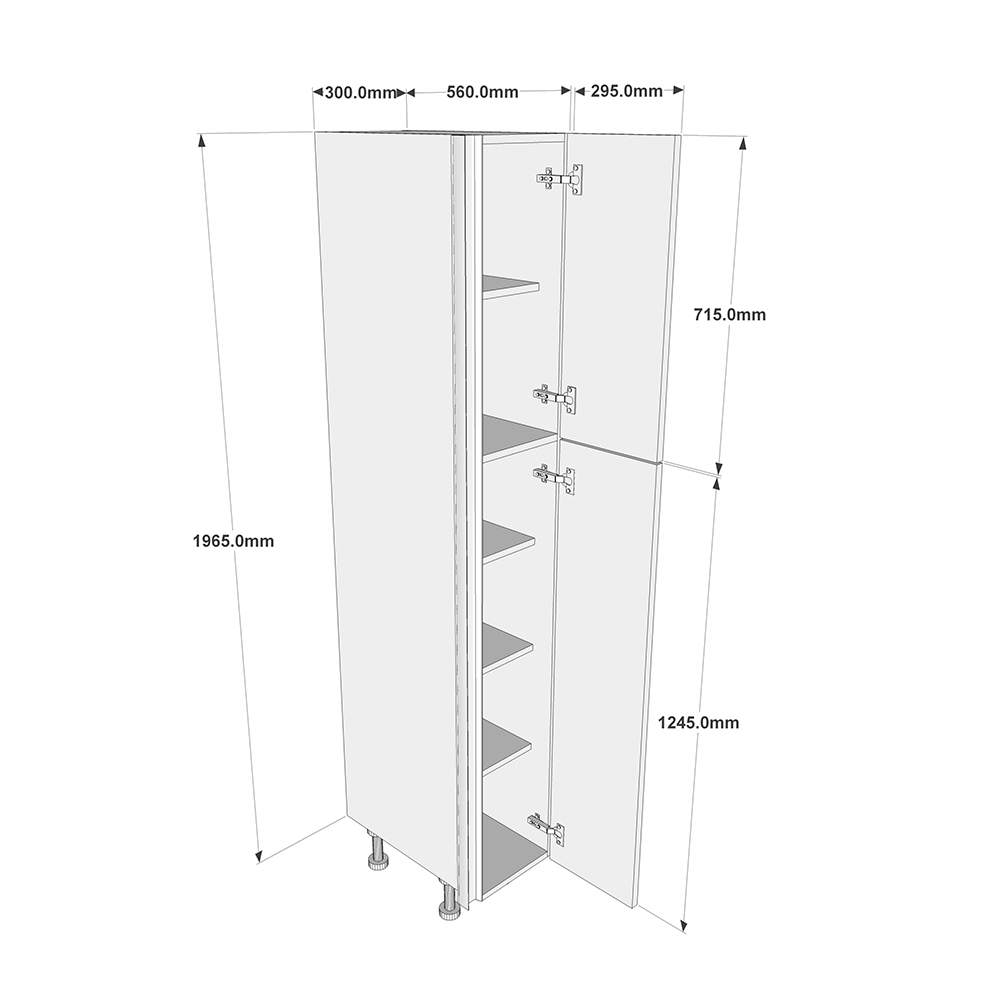 300mm True Handleless Larder Unit - 720mm Top Door - RH Hinge (Medium) Dimensions