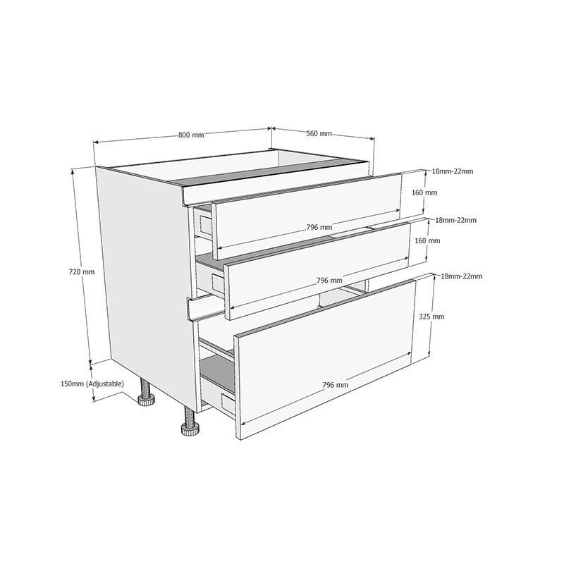 800mm True Handleless 2+1 Pan Drawer Base Unit Dimensions