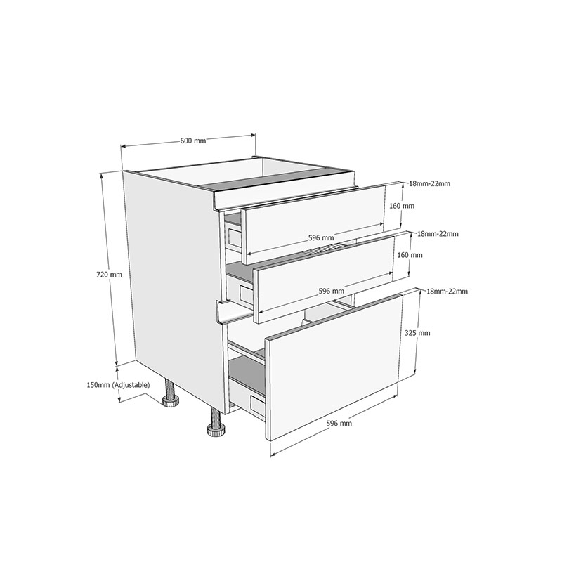 600mm True Handleless 2+1 Pan Drawer Base Unit Dimensions