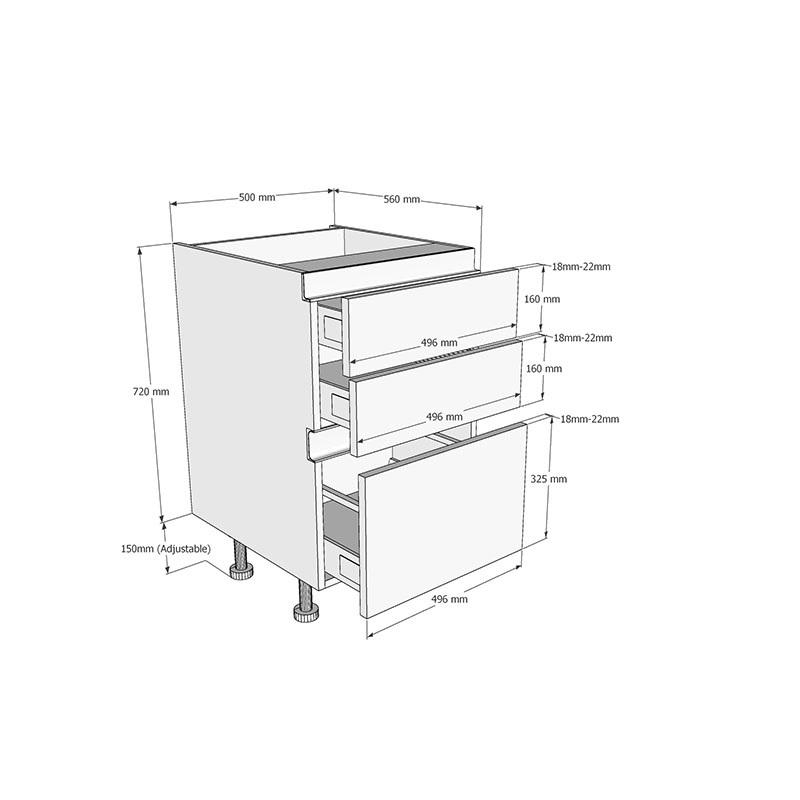 500mm True Handleless 2+1 Pan Drawer Base Unit Dimensions