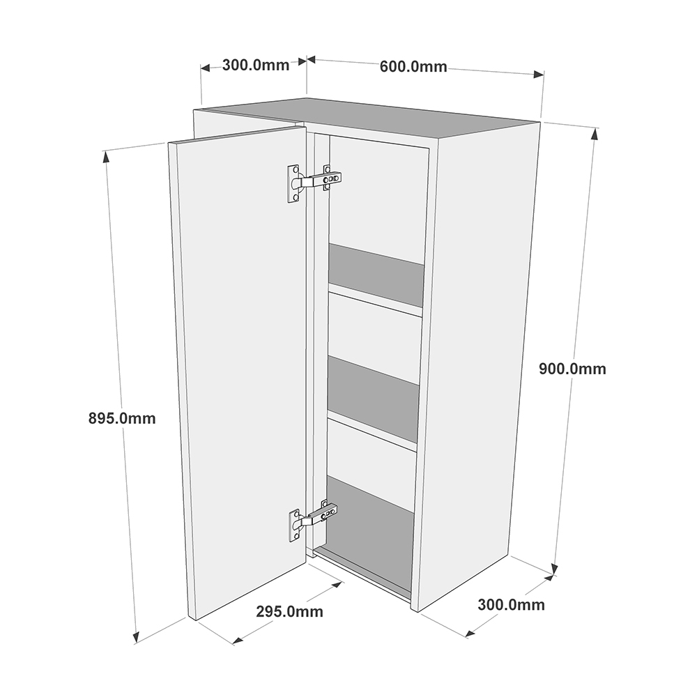 600mm True Handleless Corner Wall Unit - 300mm Door (Left Blank) (High) Dimensions