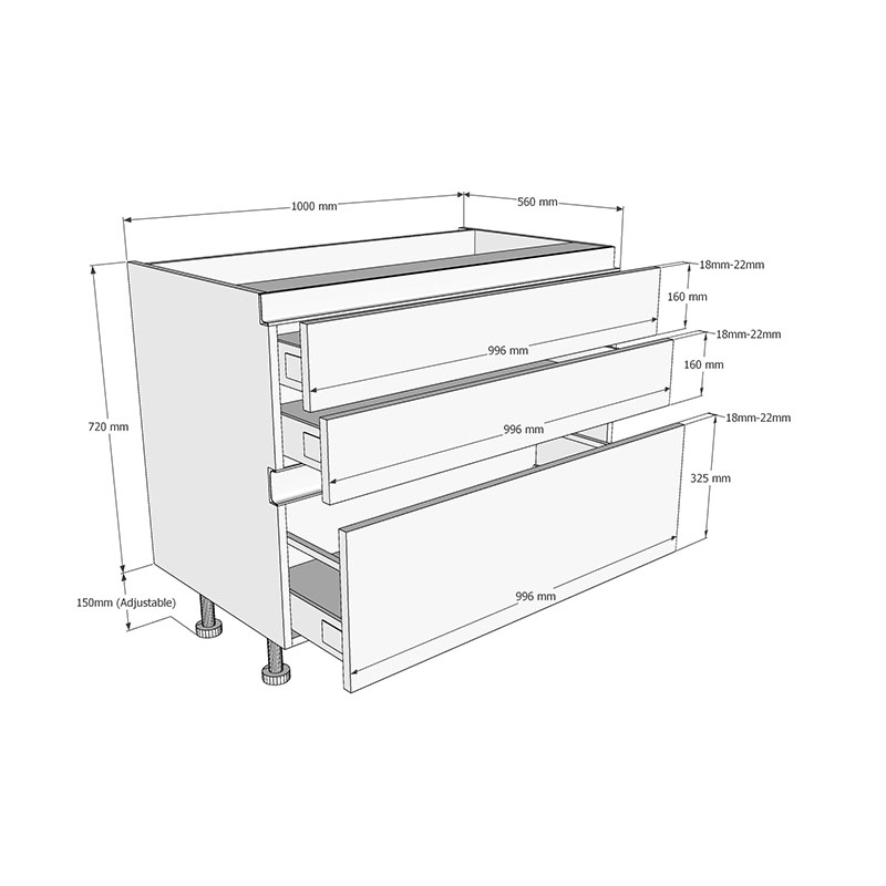 1000mm True Handleless 2+1 Pan Drawer Base Unit Dimensions