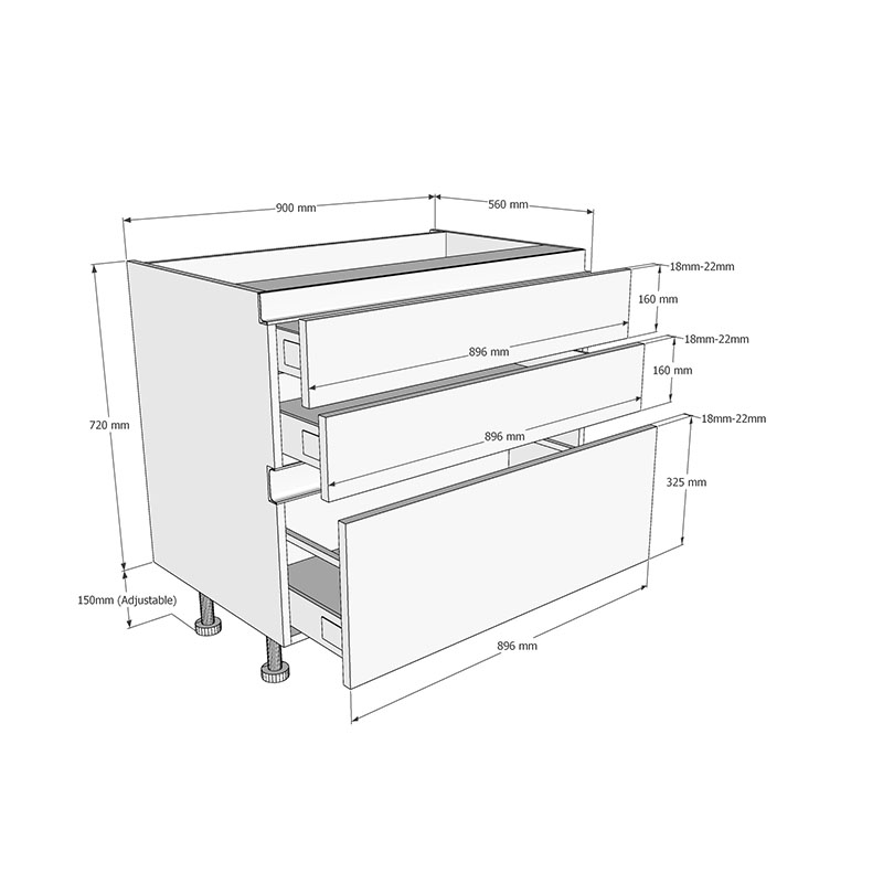 900mm True Handleless 2 1 Pan Drawer Base Unit