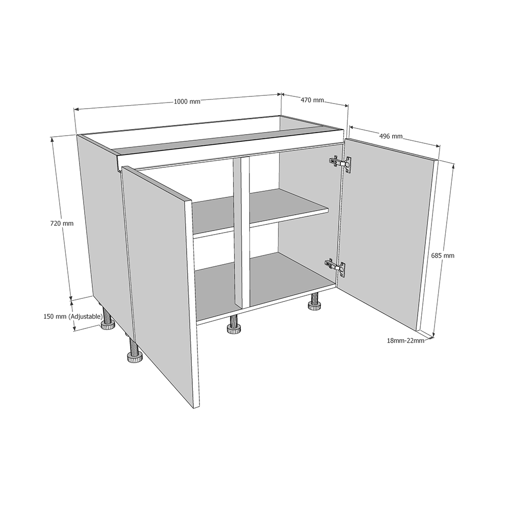 1000mm True Handleless Highline Base Unit (470mm Deep) Dimensions