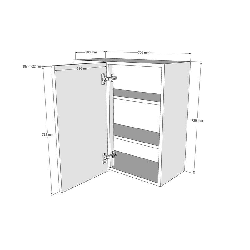 700mm Standard Corner Wall Unit With Adjustable Corner Post - 400mm Door (Left Blank) (Medium) Dimensions