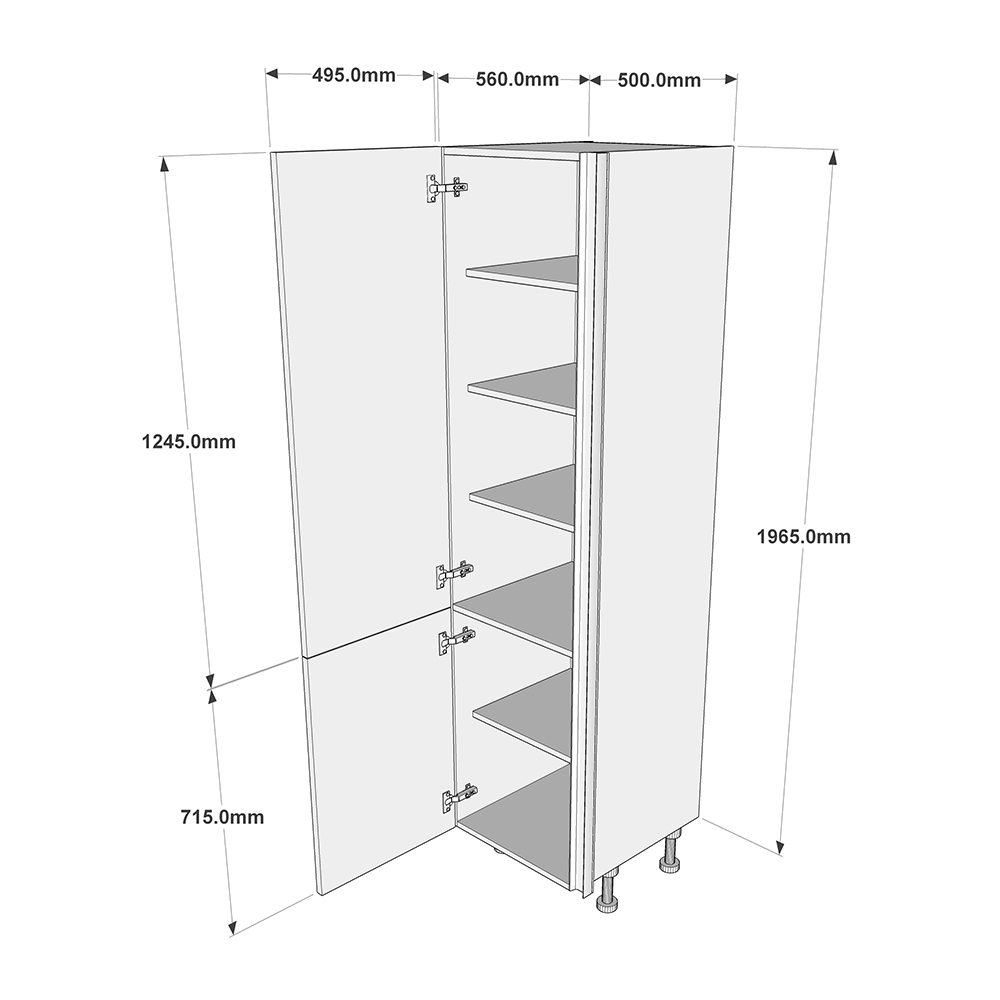 500mm True Handleless Larder Unit - 720mm Bottom Door - LH Hinge (Medium) Dimensions
