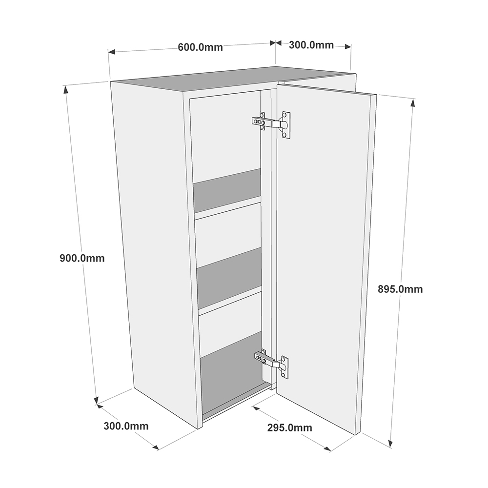 600mm True Handleless Corner Wall Unit - LH Door - 300mm Door (High) Dimensions