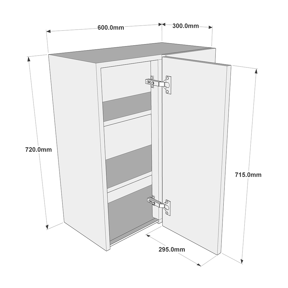 600mm True Handleless Corner Wall Unit - LH Door - 300mm Door (Medium) Dimensions