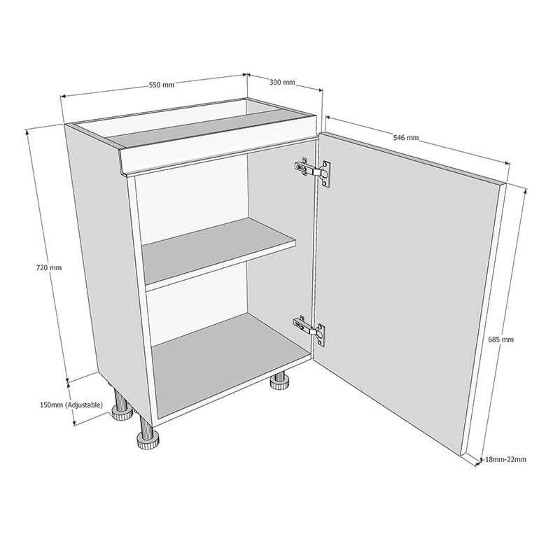 550mm True Handleless Highline Base Unit (300mm Deep) Dimensions
