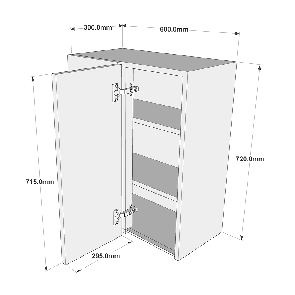600mm True Handleless Corner Wall Unit - 300mm Door (Left Blank) (Medium) Dimensions