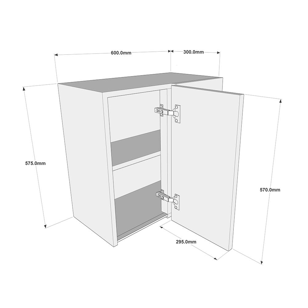 600mm True Handleless Corner Wall Unit - 300mm Door (Right Blank) (Low) Dimesions