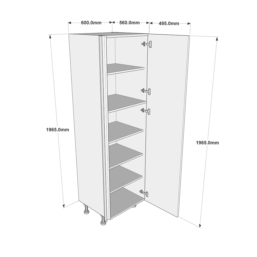 600mm True Handleless Larder Unit - Full Height Door - RH Hinge (Medium) Dimensions