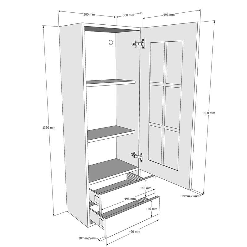 500mm 6 Panel Georgian Worktop Dresser with 2 x Drawers Unit to suit 25-40mm Worktops (High) Dimensions