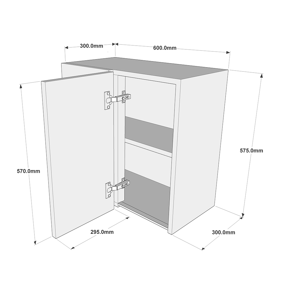 600mm True Handleless Corner Wall Unit - 300mm Door (Left Blank) (Low) Dimensions