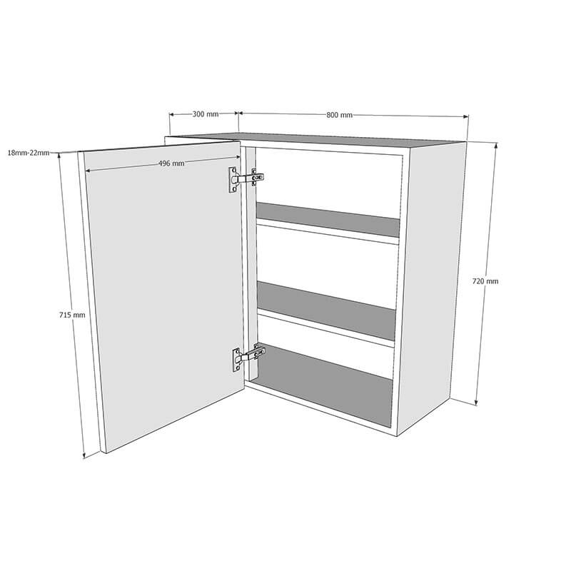 800mm Standard Corner Wall Unit With Adjustable Corner Post - 500mm Door (Left Blank) (Medium) Dimensions