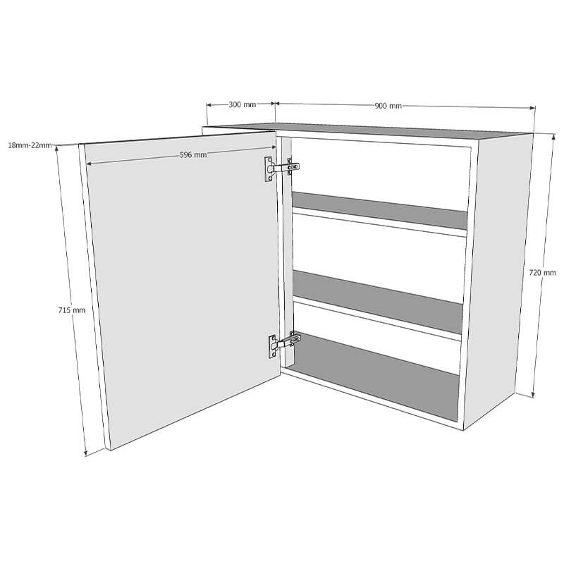 900mm Standard Corner Wall Unit With Adjustable Corner Post - 600mm RH Door (Medium) Dimensions