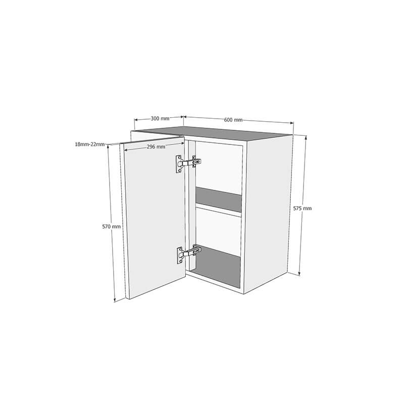 600mm Standard Corner Wall Unit With Adjustable Corner Post - 300mm Door (Left Blank) (Low) Dimensions