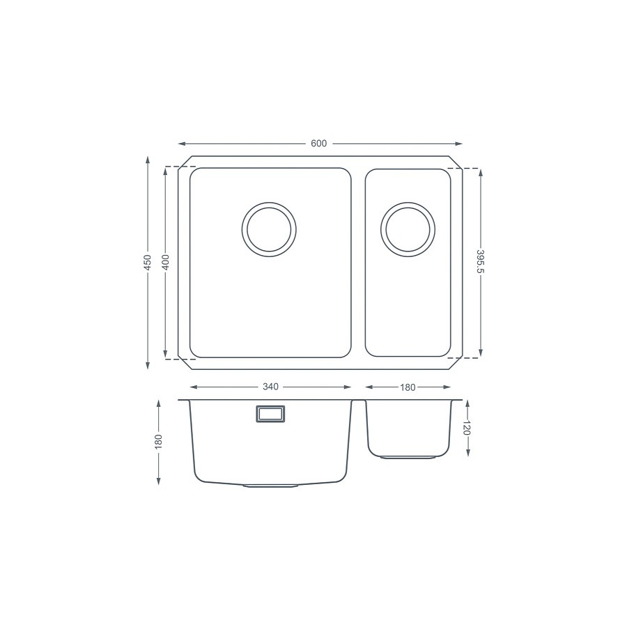 Brett 1.5 bowl Brushed Steel Undermount Sink - RH Main Bowl Dimensions