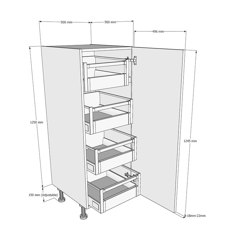 500mm Midi Unit with 4 x Internal Drawers Dimensions