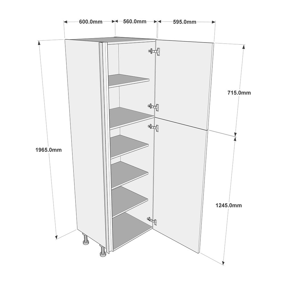 600mm True Handleless Larder Unit - 720mm Top Door - RH Hinge (Medium) Dimensions