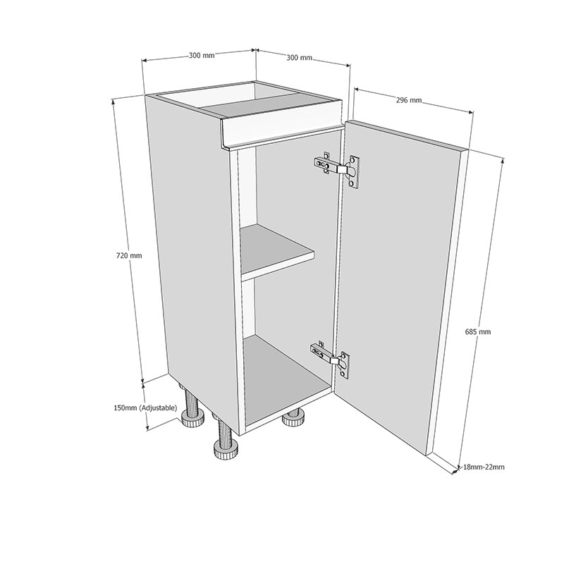 300mm True Handleless Highline Base Unit (300mm Deep) Dimensions