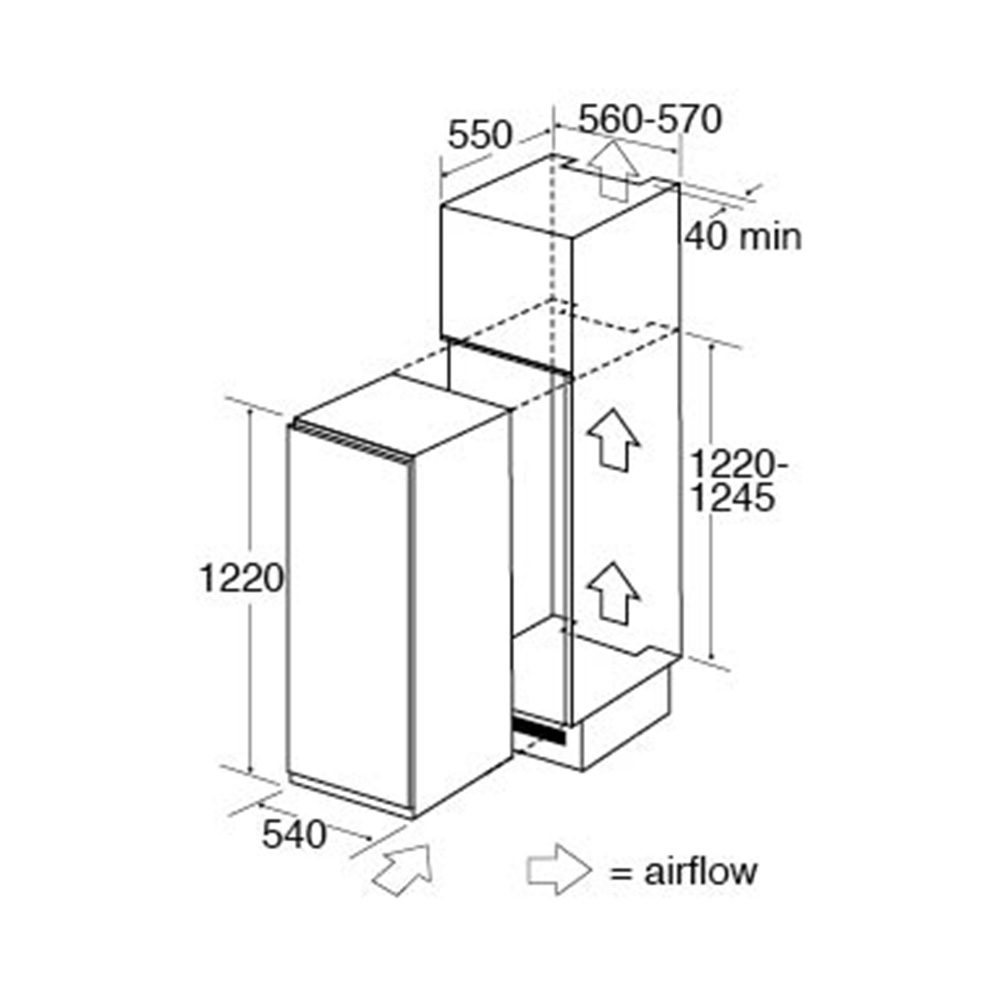 CDA FW522 Integrated/In-Column Larder Fridge to suit 1245mm High Door, Reversible, A+ Dimensions