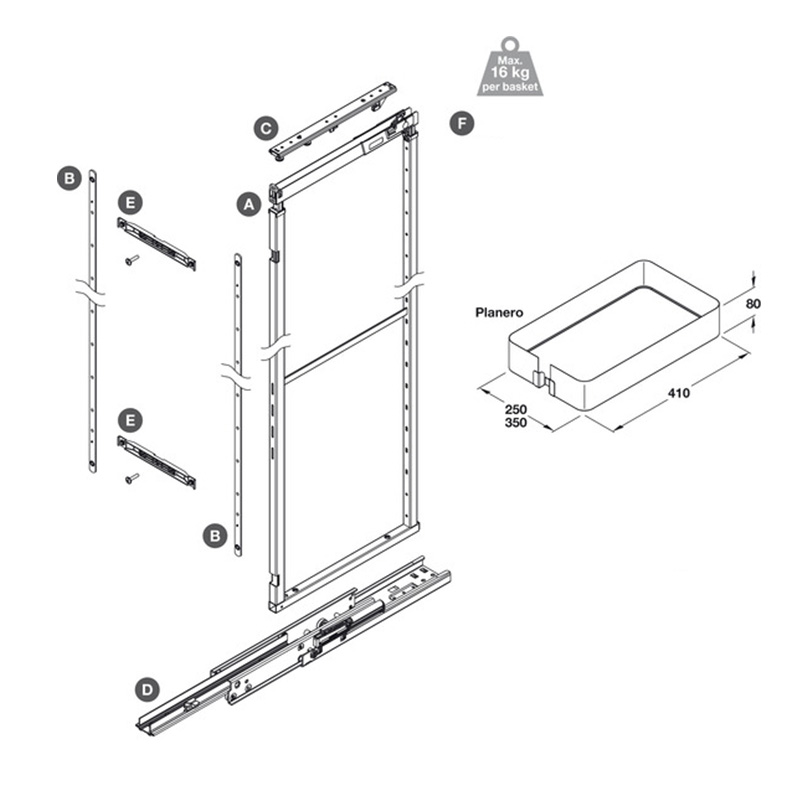 300mm PLANERO Soft Close Pull Out Larder Mechanism Dimensions