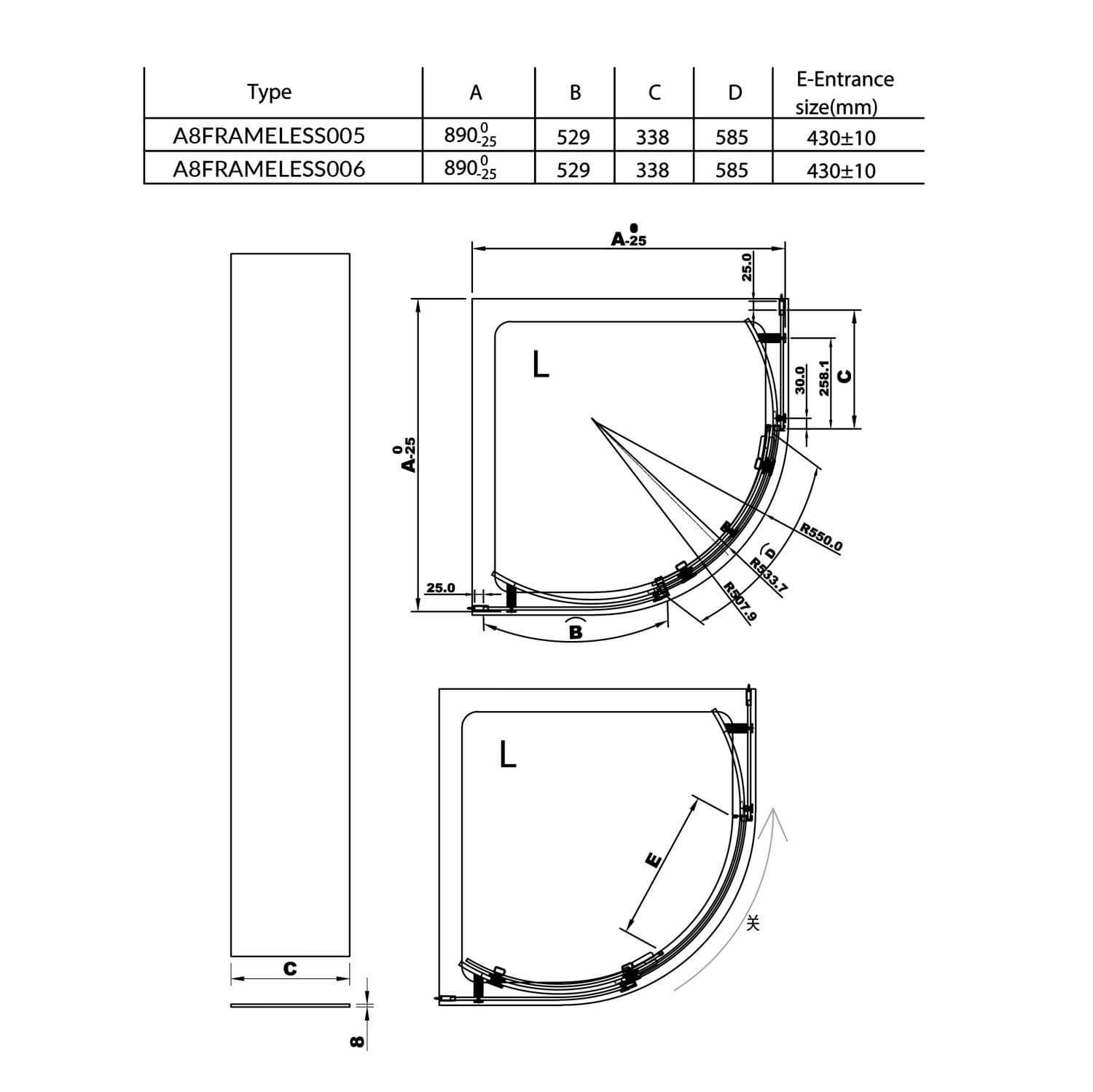 S8 - Frameless Single Door Quadrant Shower Enclosure - 900 x 900mm SCUDFRAMELESS-900QD-L_3