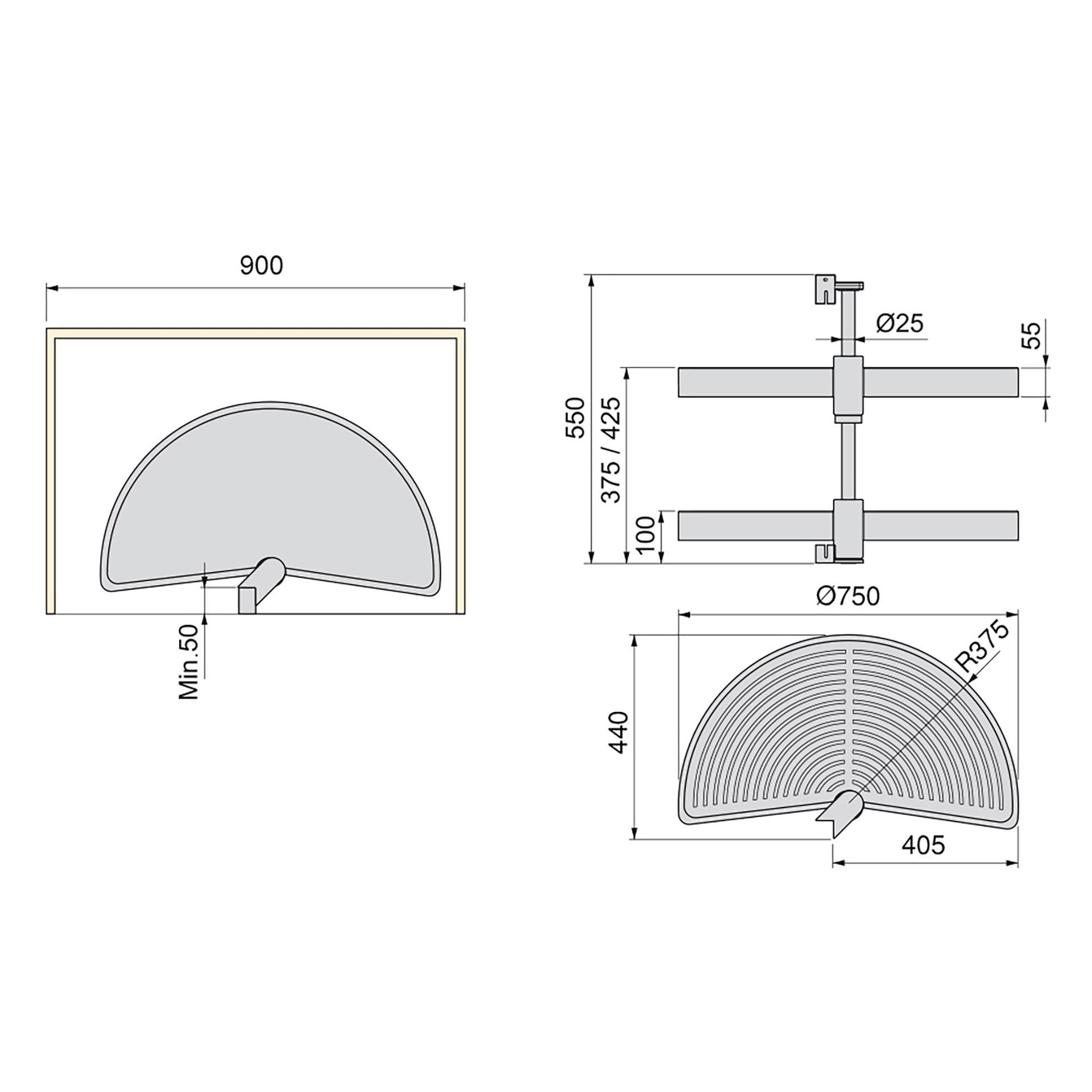 1/2 Circle Rotating Carousel Set - Grey Plastic Mechanism - To Suit 900/1000mm Corner Unit with 450/500mm Door Dimensions