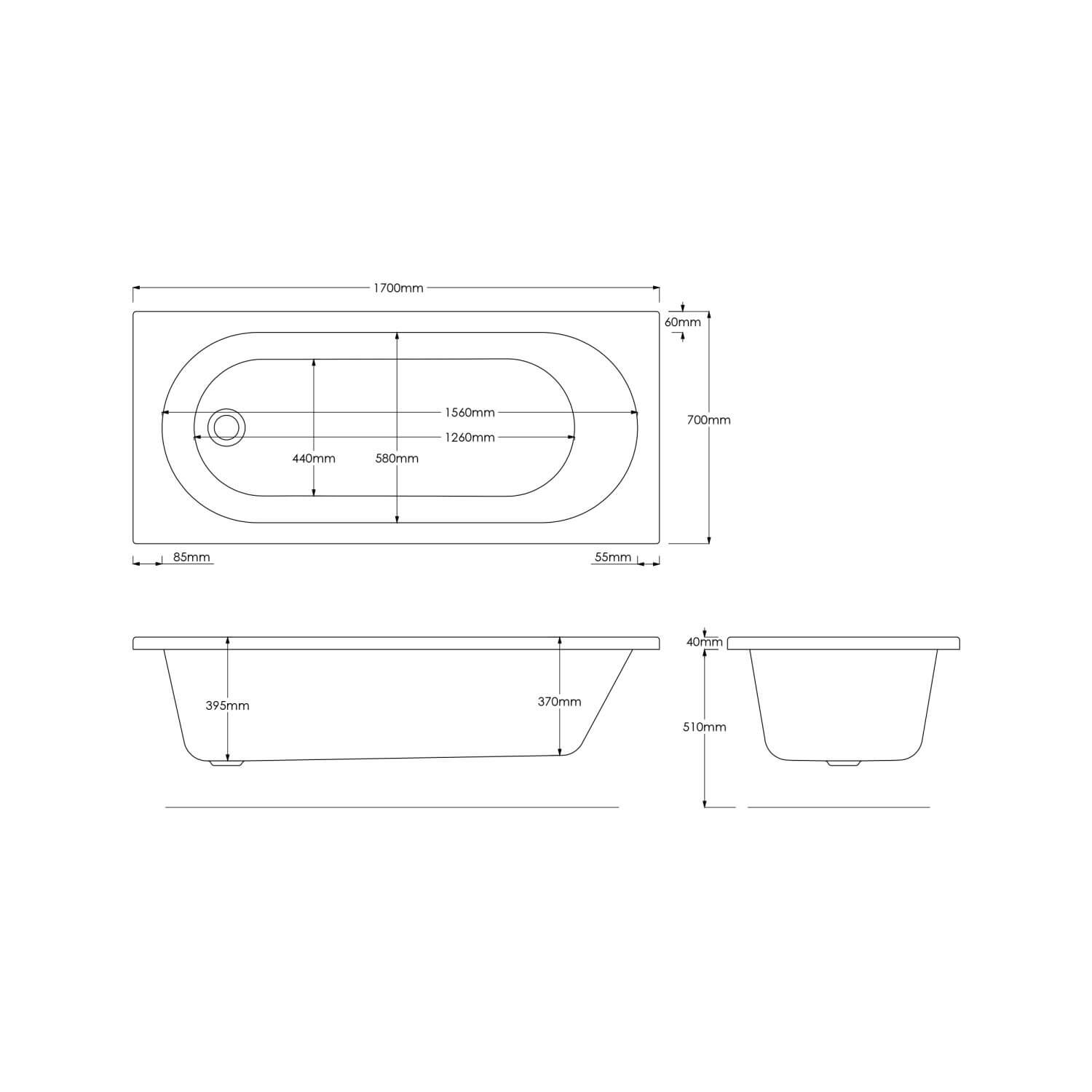 Cascade Round  Single Ended Bath - 1700 x 700mm BATH-CRNDSE1700X700_3