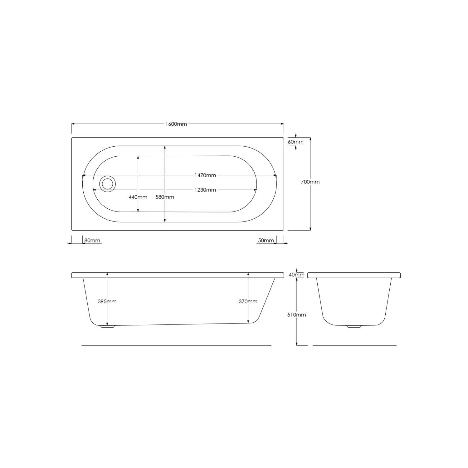 Cascade Round  Single Ended Bath - 1600 x 700mm BATH-CRNDSE1600X700_3