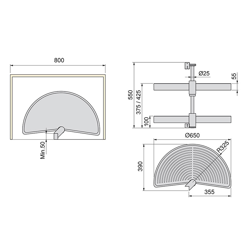 1/2 Circle Rotating Carousel Set - Grey Plastic Mechanism - To Suit 800mm Corner Unit with 400mm Door 800mm Dimensions